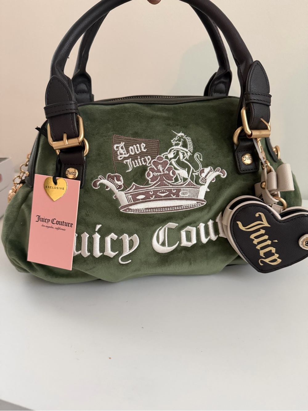 Juicy Couture Olive Green Velvet Shoulder Bag with Black Handles